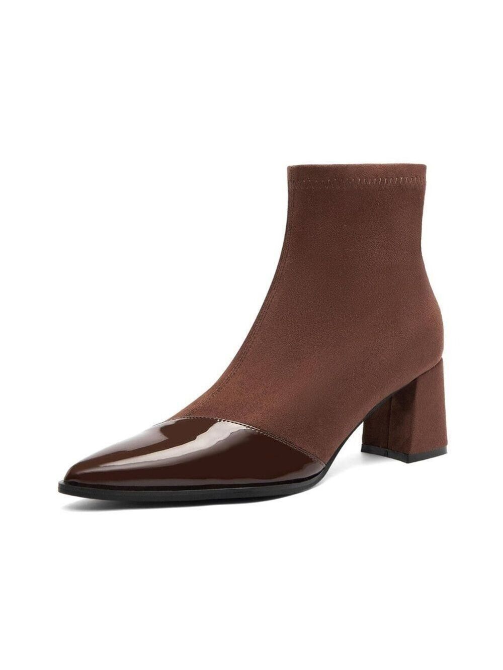 NEWBELLA Brown Leather Chunky Block Heel Ankle Boots